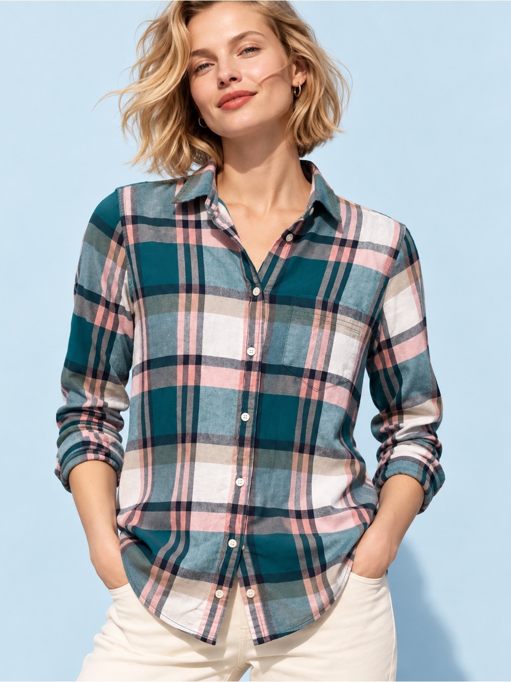 J.Crew Classic Plaid Button Down Shirt Size 0 Teal Pink Cotton Long Sleeve